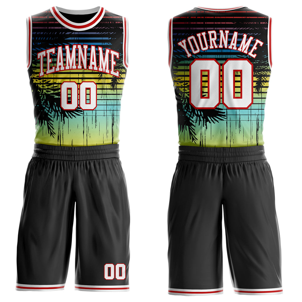 Custom Black White-Red Miami Beach Tropical Palm Tree Round Neck Sublimation Basketball Uniform Jersey