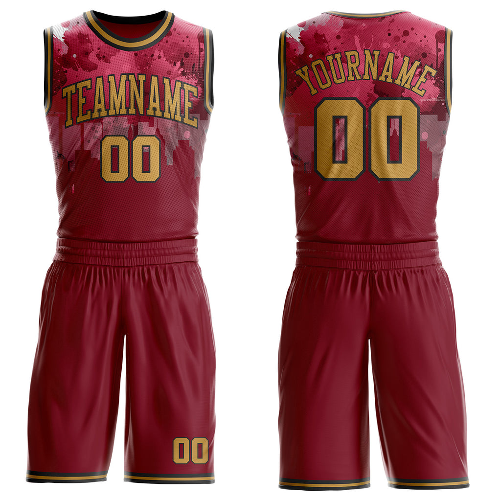 Custom Red Old Gold-Black Cleveland Silhouette Splatter Round Neck Sublimation Basketball Uniform Jersey