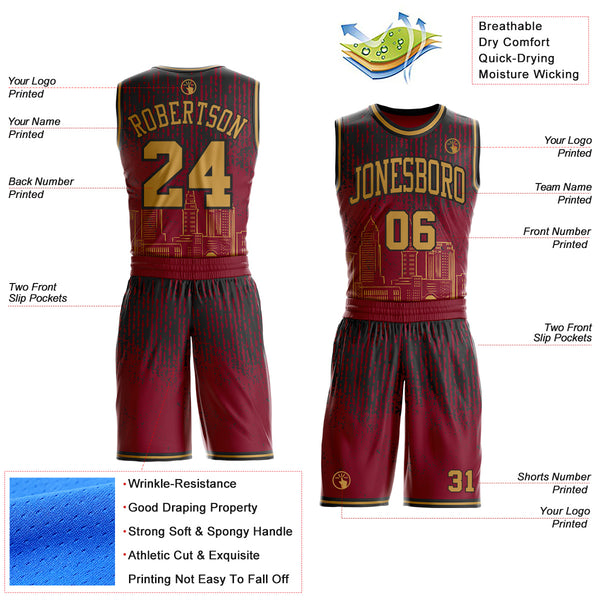 Custom Red Old Gold-Black Cleveland Silhouette Round Neck Sublimation Basketball Uniform Jersey