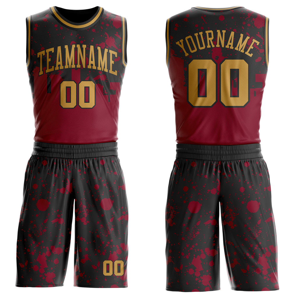 Custom Black Old Gold-Red Cleveland Silhouette Splatter Round Neck Sublimation Basketball Uniform Jersey