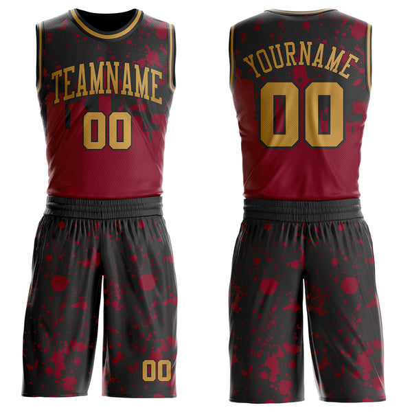 Custom Black Old Gold-Red Cleveland Silhouette Splatter Round Neck Sublimation Basketball Uniform Jersey
