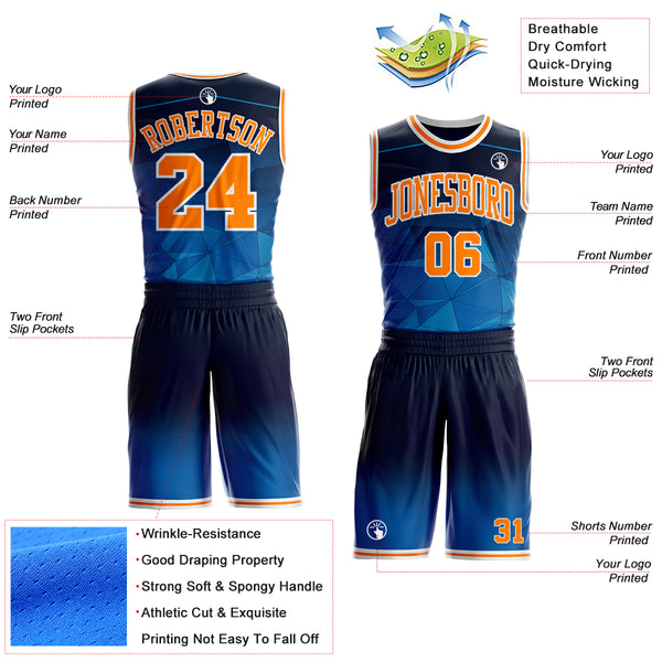 Custom Blue Bay Orange-White Diamond Shapes Geometric Gradient Round Neck Sublimation Basketball Uniform Jersey