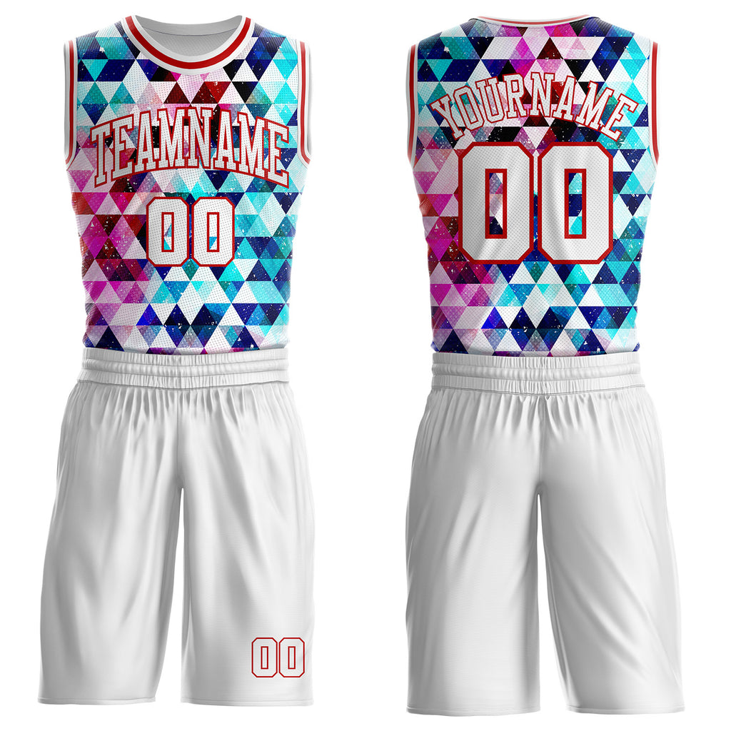 Custom White-Red Diamond Shapes Geometric Round Neck Sublimation Basketball Uniform Jersey
