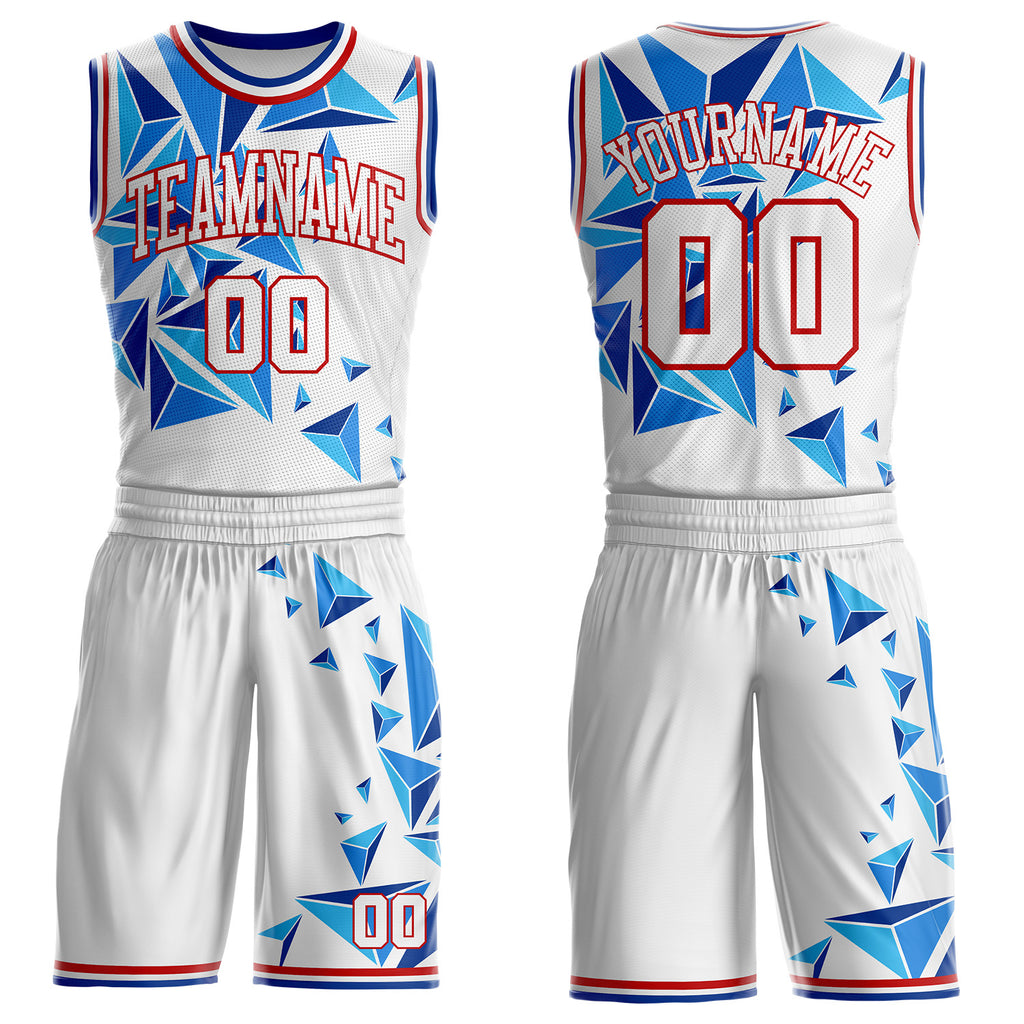 Custom White Red-Royal Crystal Geometric Round Neck Sublimation Basketball Uniform Jersey