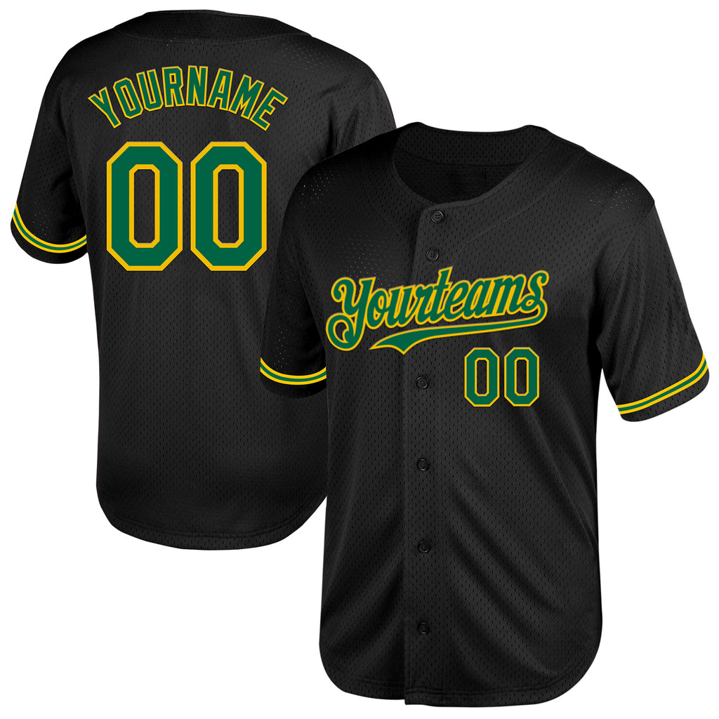 Custom Black Kelly Green-Yellow Mesh Authentic Throwback Baseball Jersey