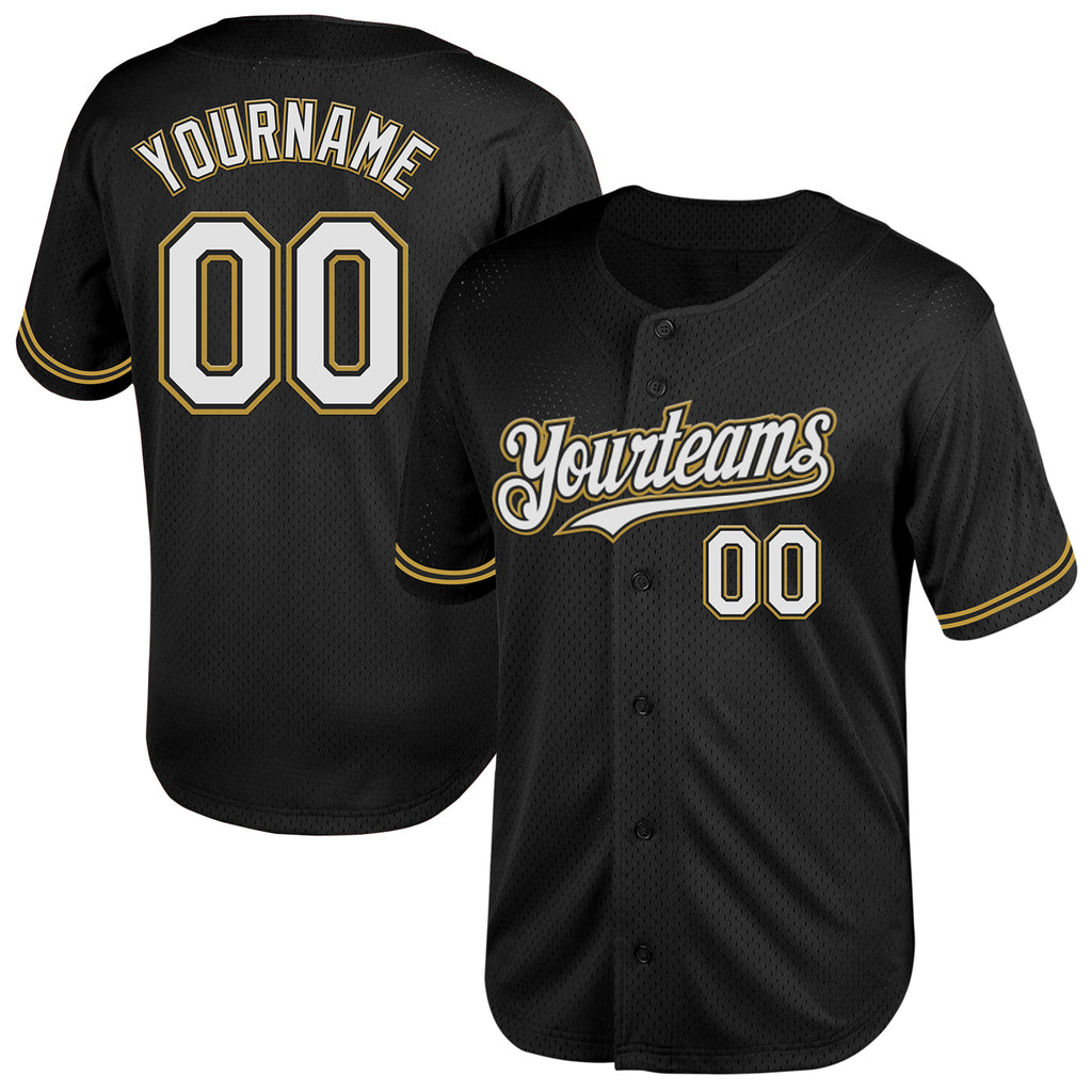 Custom Black White-Old Gold Mesh Authentic Throwback Baseball Jersey