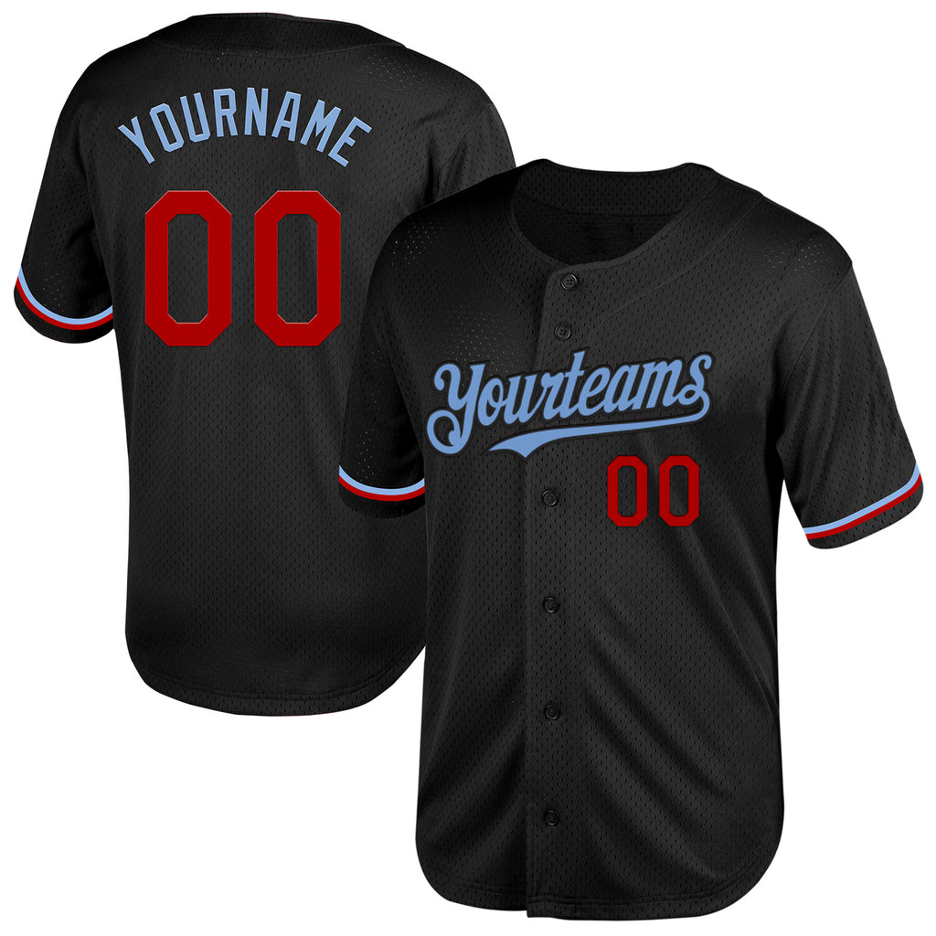 Custom Black Red-Light Blue Mesh Authentic Throwback Baseball Jersey