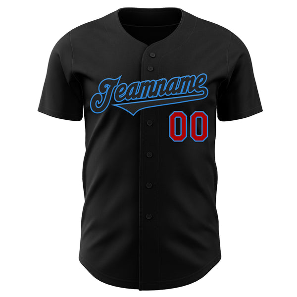 Custom Black Electric Blue-Red Authentic Baseball Jersey