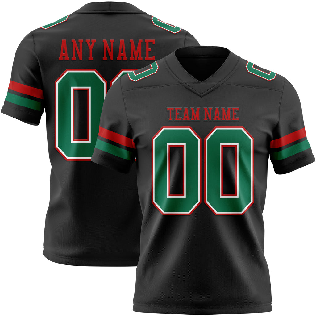 Custom Black Kelly Green White-Red Mesh Authentic Football Jersey