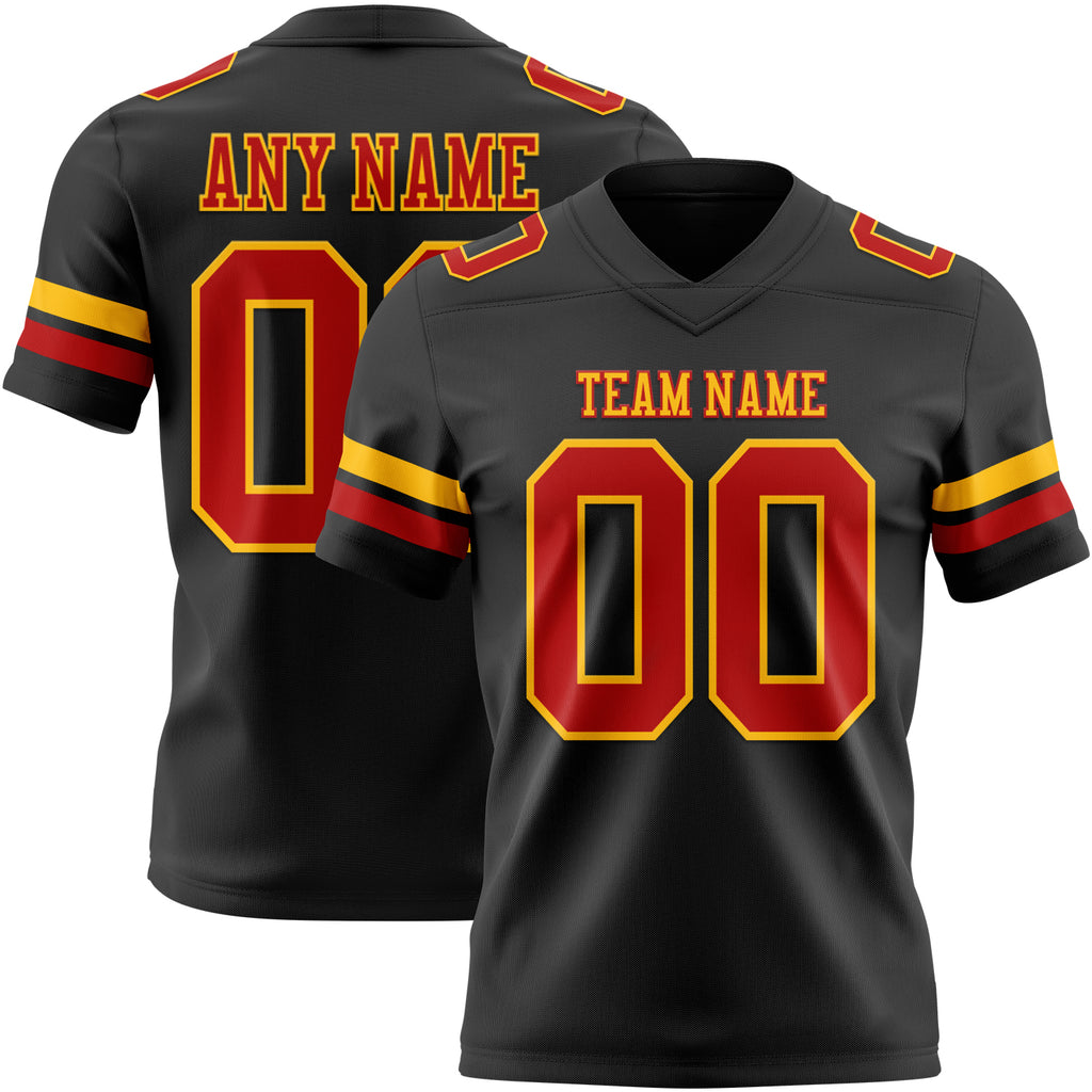 Custom Black Red-Gold Mesh Authentic Football Jersey