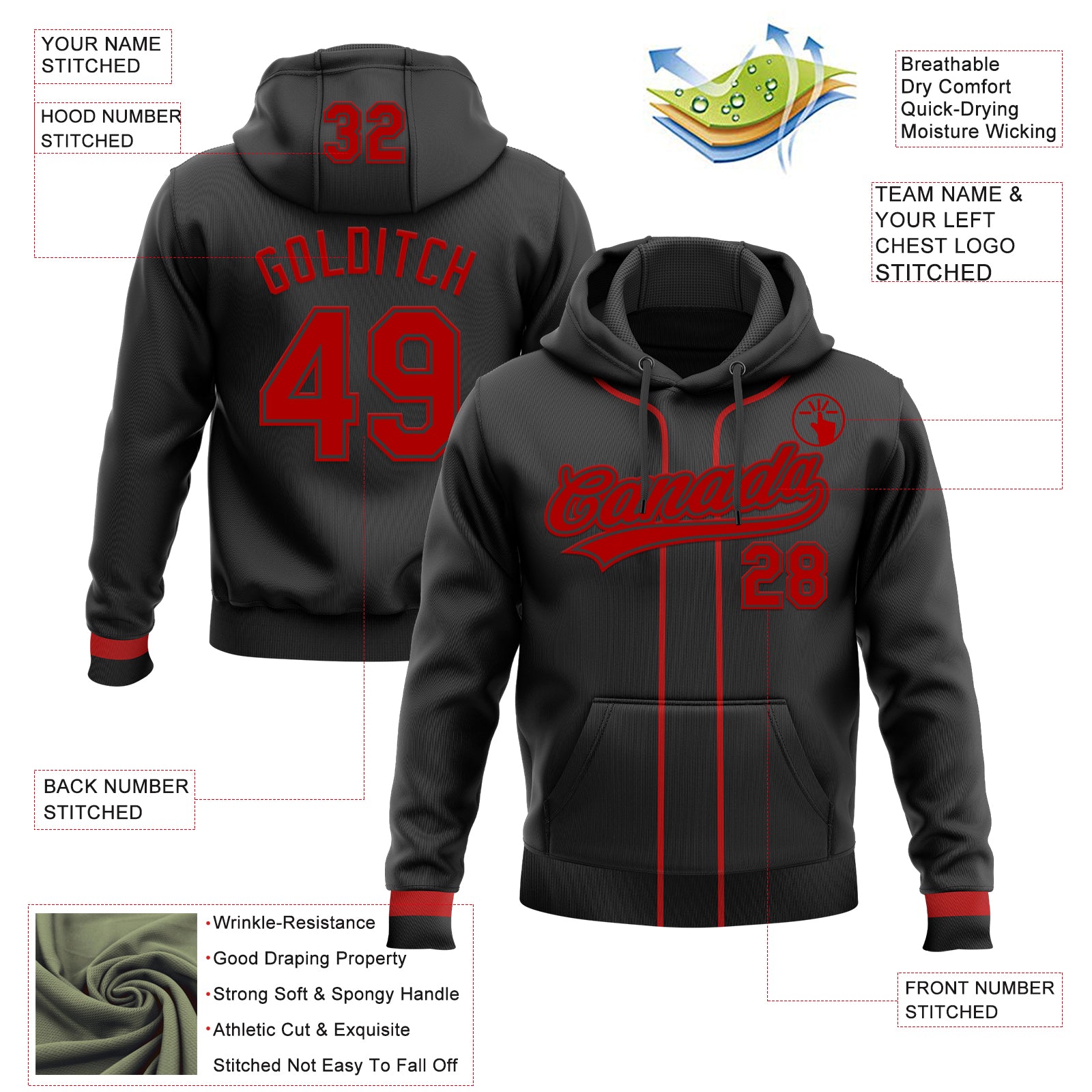 Custom Stitched Black Red Baseball Pullover Sweatshirt Hoodie