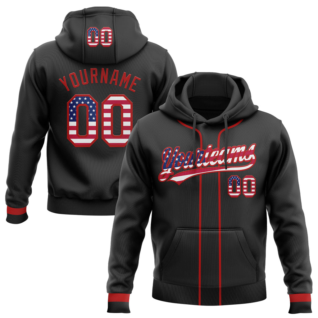 Custom Stitched Black USA Flag-Red Baseball Pullover Sweatshirt Hoodie