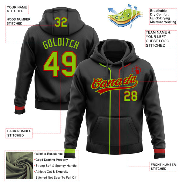 Custom Stitched Black Neon Green-Red Baseball Pullover Sweatshirt Hoodie