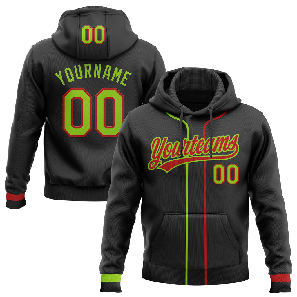 Custom Stitched Black Neon Green-Red Baseball Pullover Sweatshirt Hoodie