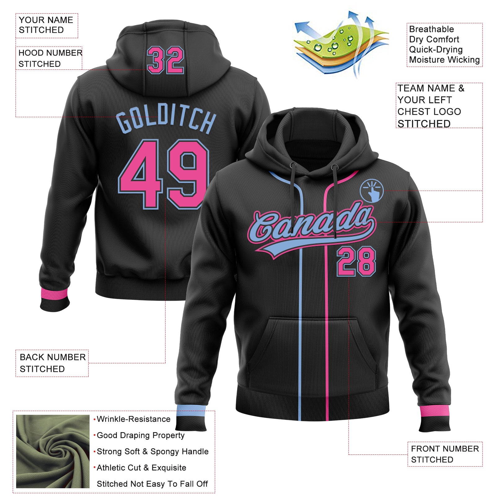 Custom Stitched Black Pink-Light Blue Baseball Pullover Sweatshirt Hoodie