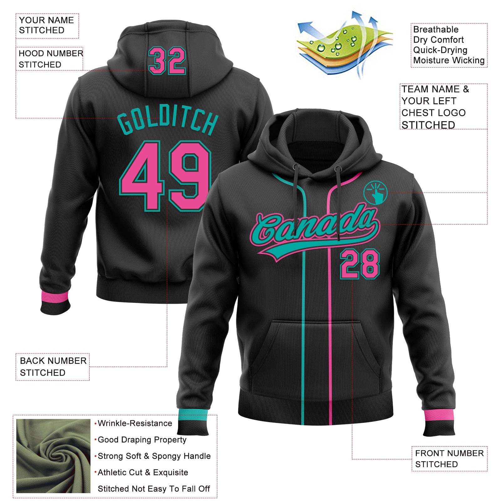 Custom Stitched Black Pink-Aqua Baseball Pullover Sweatshirt Hoodie