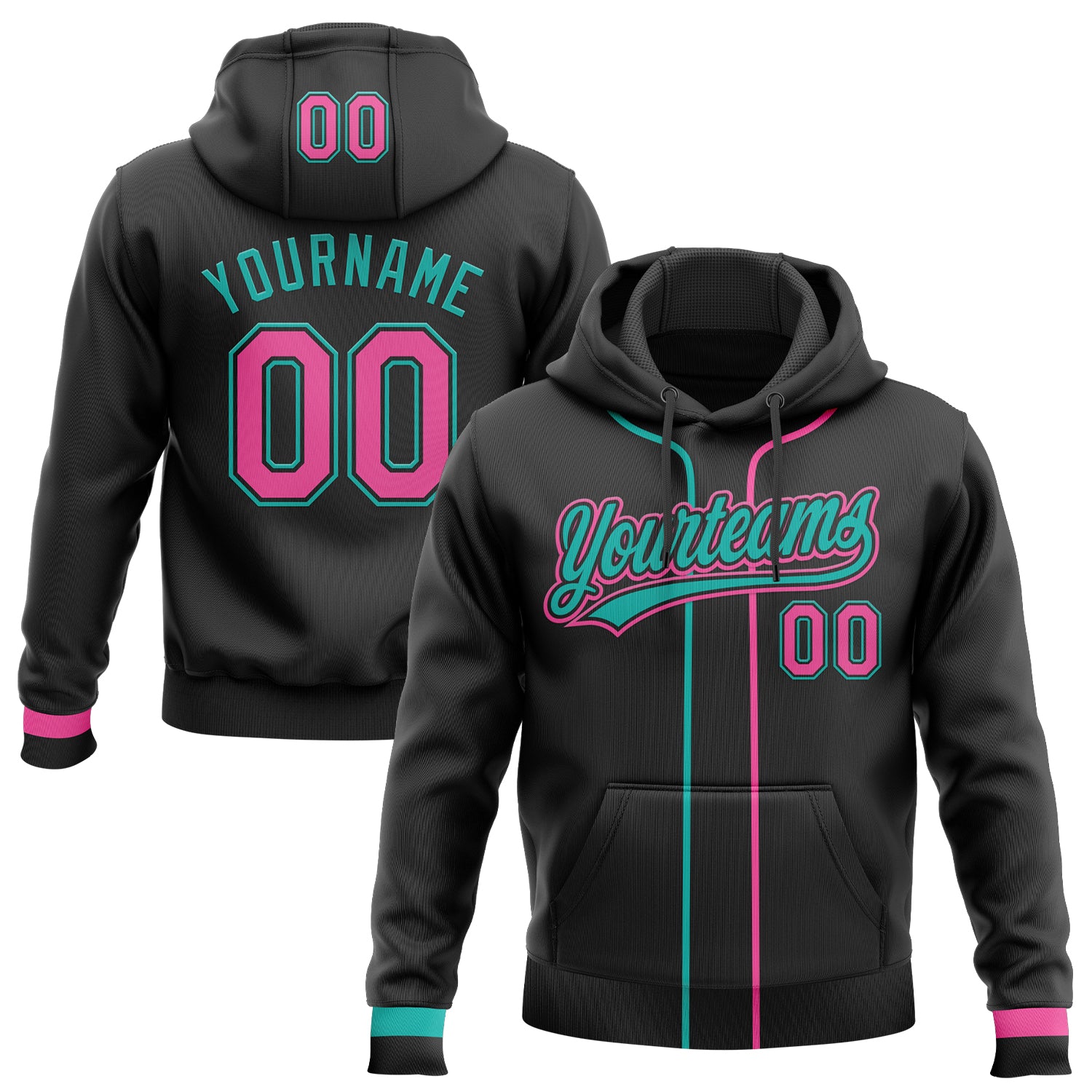 Custom Stitched Black Pink-Aqua Baseball Pullover Sweatshirt Hoodie
