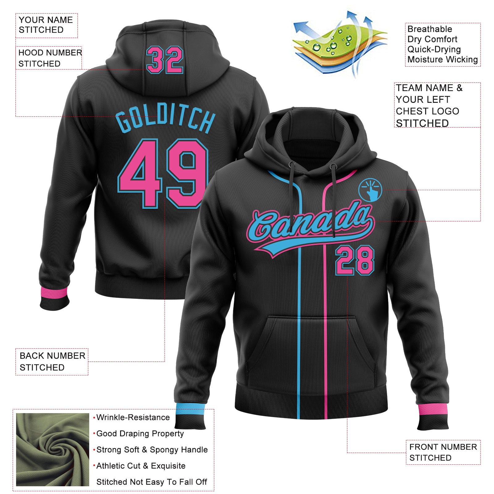 Custom Stitched Black Pink-Sky Blue Baseball Pullover Sweatshirt Hoodie