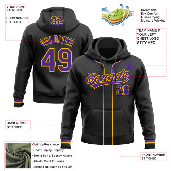 Custom Stitched Black Purple-Gold Baseball Pullover Sweatshirt Hoodie