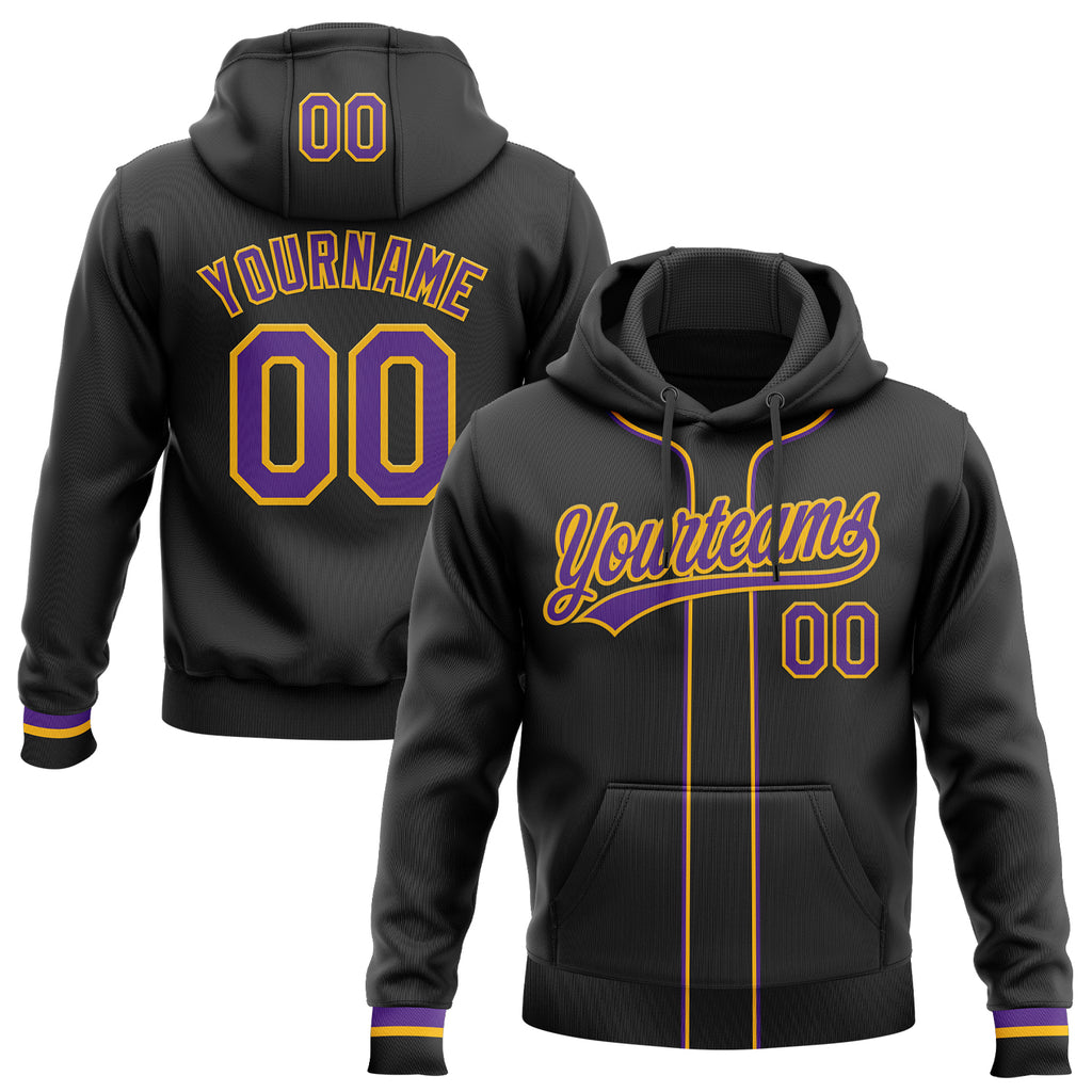 Custom Stitched Black Purple-Gold Baseball Pullover Sweatshirt Hoodie
