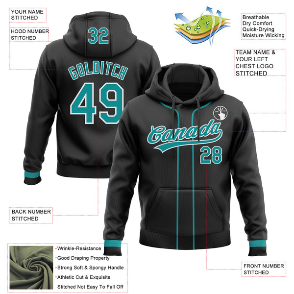 Custom Stitched Black Teal-White Baseball Pullover Sweatshirt Hoodie