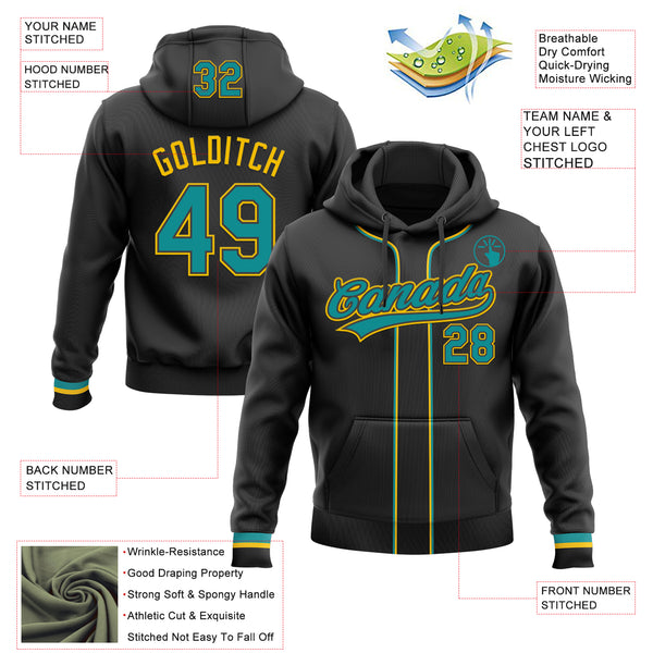 Custom Stitched Black Teal-Yellow Baseball Pullover Sweatshirt Hoodie