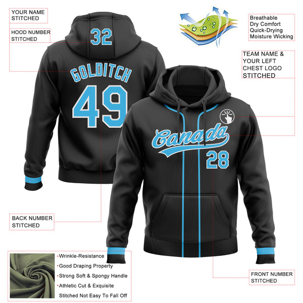 Custom Stitched Black Sky Blue-White Baseball Pullover Sweatshirt Hoodie