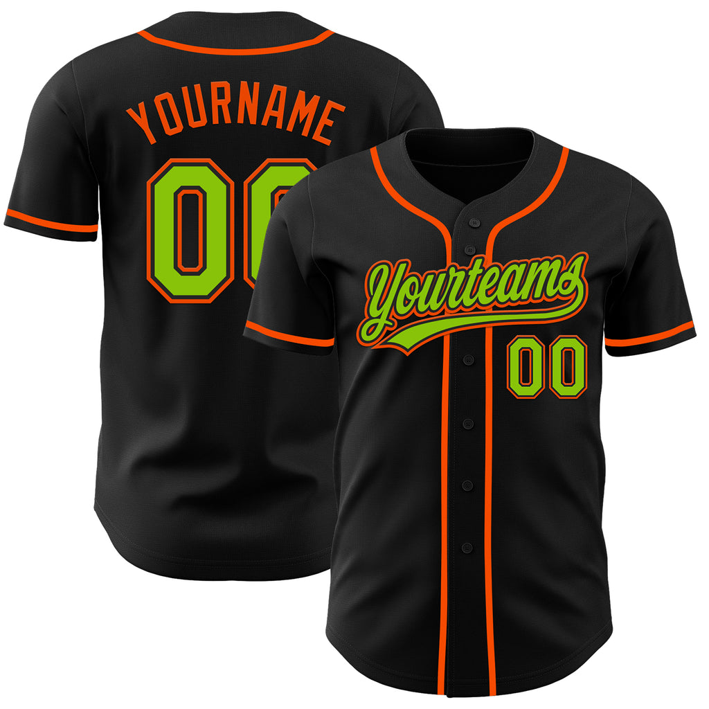 Custom Black Neon Green-Orange Authentic Baseball Jersey