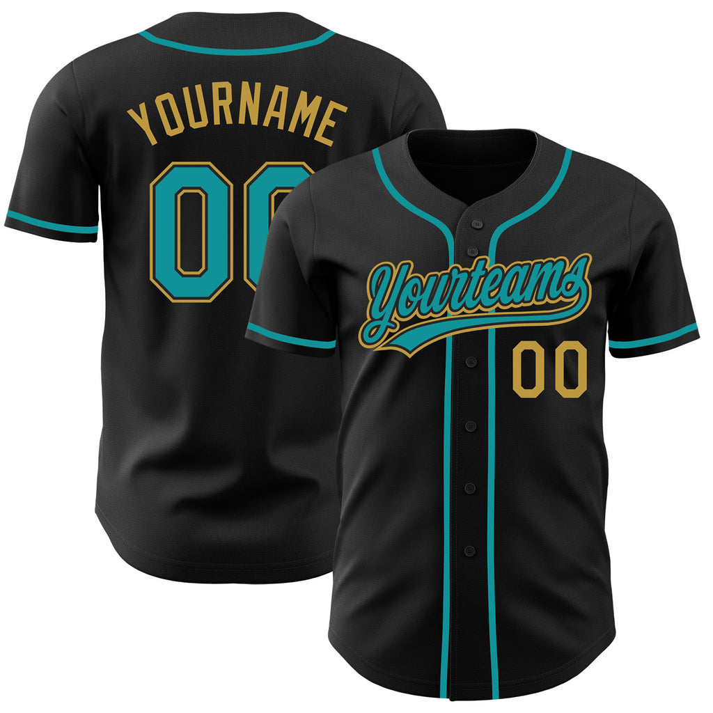 Custom Black Teal-Old Gold Authentic Baseball Jersey