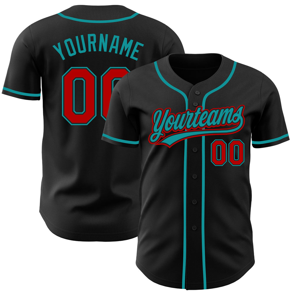 Custom Black Red-Teal Authentic Baseball Jersey