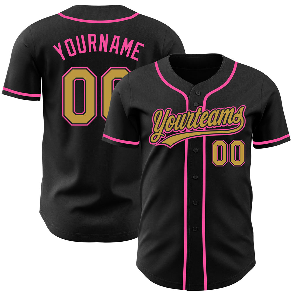 Custom Black Old Gold-Pink Authentic Baseball Jersey
