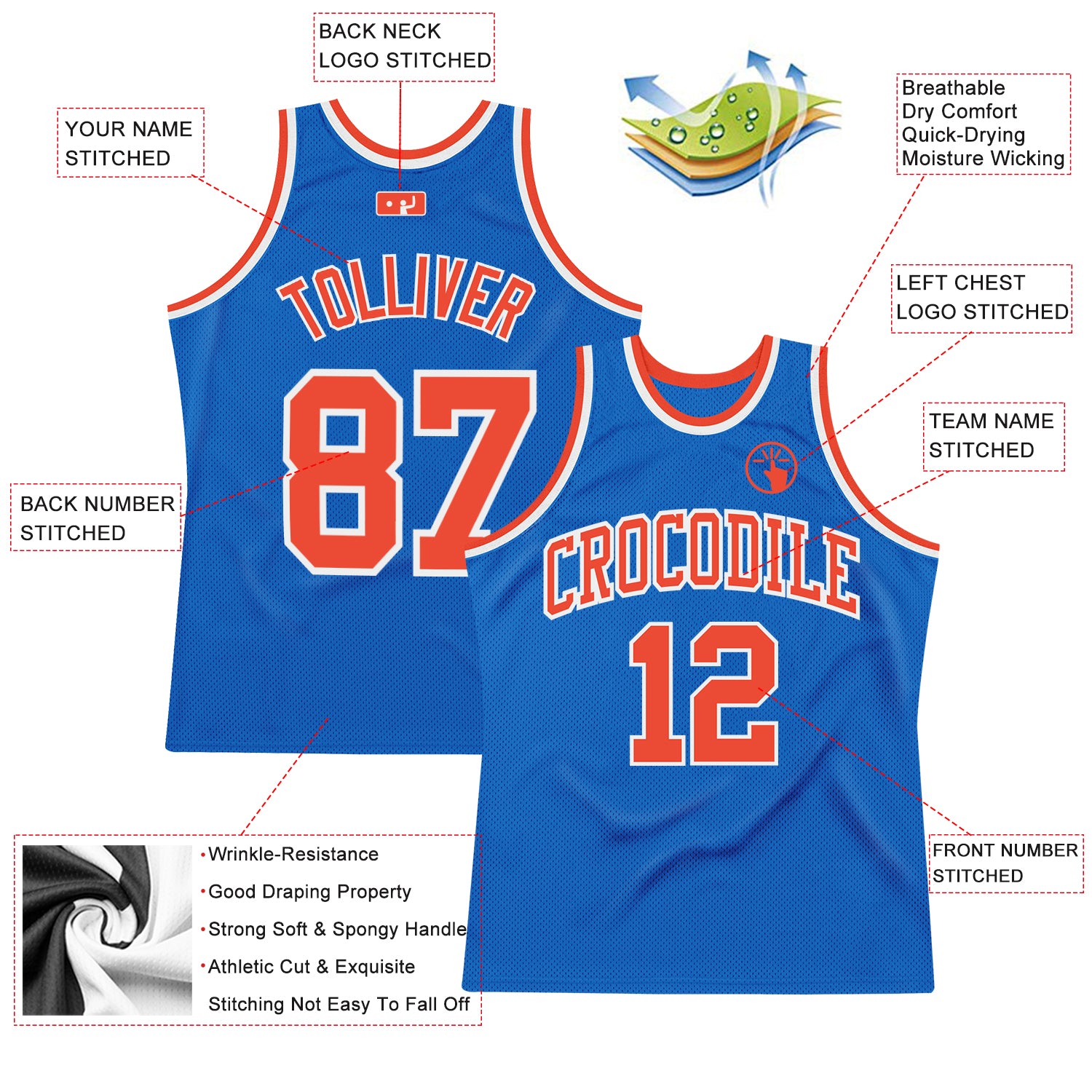 Custom Blue Orange-White Authentic Throwback Basketball Jersey