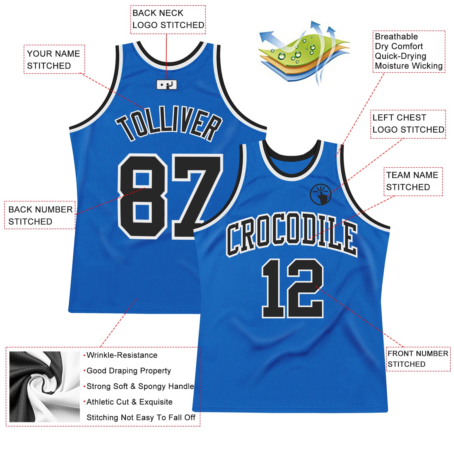 Custom Blue Black-White Authentic Throwback Basketball Jersey
