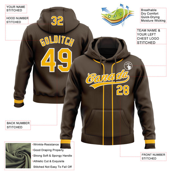 Custom Stitched Brown Gold-White Baseball Pullover Sweatshirt Hoodie