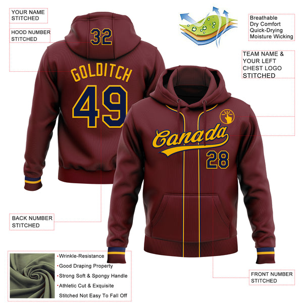 Custom Stitched Burgundy Navy-Gold Baseball Pullover Sweatshirt Hoodie