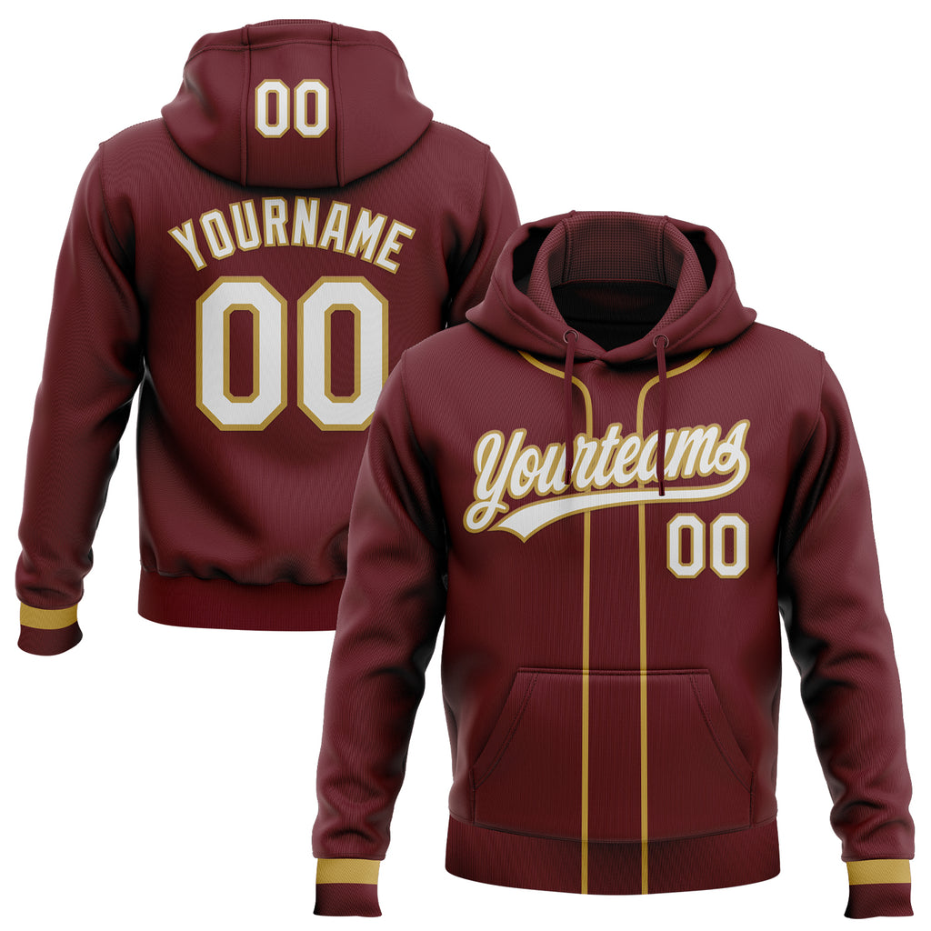 Custom Stitched Burgundy White-Old Gold Baseball Pullover Sweatshirt Hoodie
