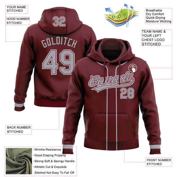 Custom Stitched Burgundy Gray-White Baseball Pullover Sweatshirt Hoodie