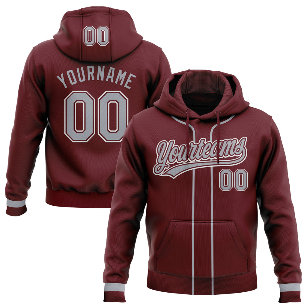 Custom Stitched Burgundy Gray-White Baseball Pullover Sweatshirt Hoodie