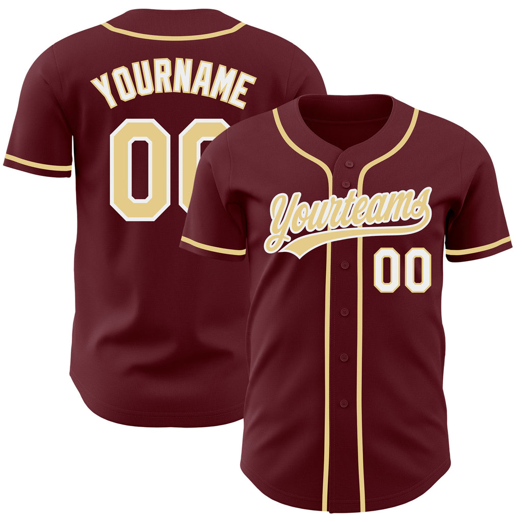 Custom Burgundy Vegas Gold-White Authentic Baseball Jersey