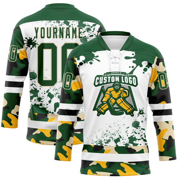 Custom Camo Green Black Cream-White Splash Hockey Lace Neck Jersey