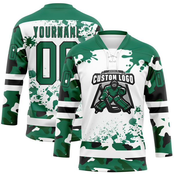 Custom Camo Kelly Green Black-White Splash Hockey Lace Neck Jersey