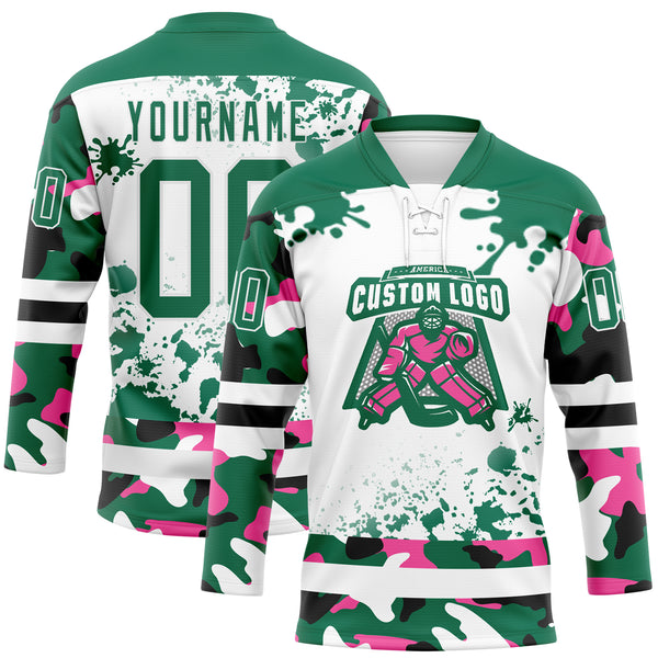 Custom Camo Kelly Green Black-White Splash Hockey Lace Neck Jersey