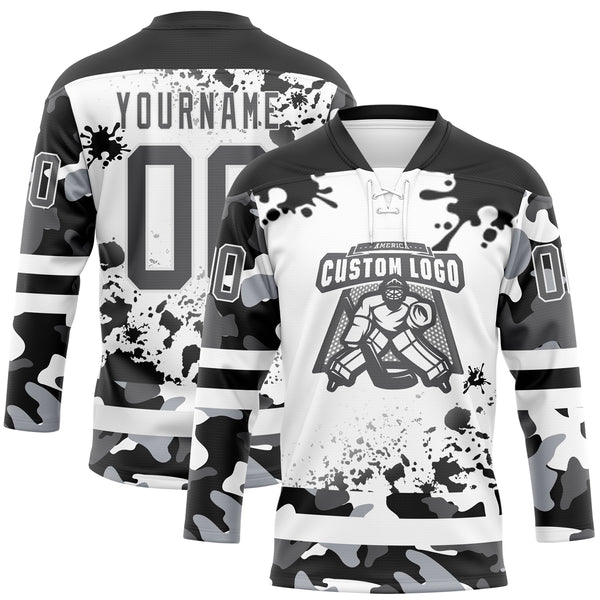 Custom Camo Steel Gray Black-White Splash Hockey Lace Neck Jersey