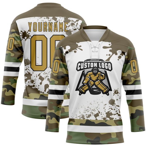 Custom Camo Old Gold Olive Black-White Splash Hockey Lace Neck Jersey