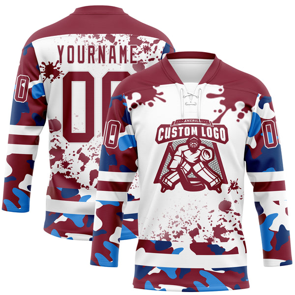 Custom Camo Crimson-White Splash Hockey Lace Neck Jersey