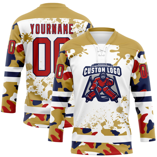 Custom Camo Red Old Gold Navy-White Splash Hockey Lace Neck Jersey