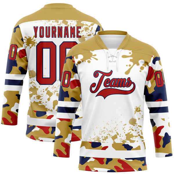 Custom Camo Red Old Gold Navy-White Splash Hockey Lace Neck Jersey