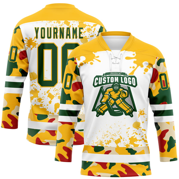 Custom Camo Green Gold-White Splash Hockey Lace Neck Jersey