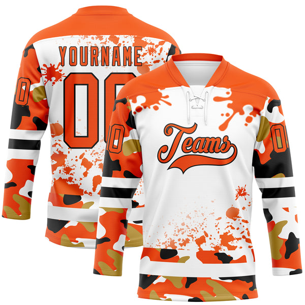 Custom Camo Orange Black-White Splash Hockey Lace Neck Jersey
