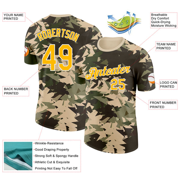 Custom Camo Gold-White Geometric Fragment Camouflage Salute To Service Performance T-Shirt